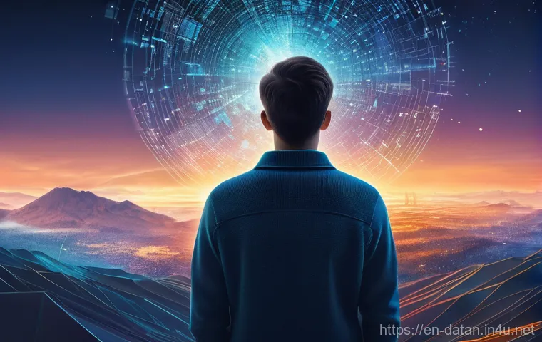 데이터 분석 프로젝트 단계별 진행 과정 - **Prompt:** A young adult, dressed in a comfortable sweater and jeans, stands in a vast, abstract di...