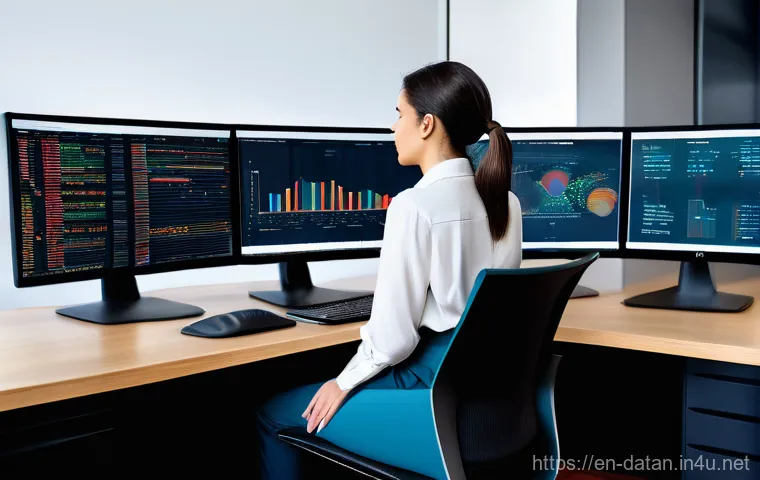 데이터 분석 전문가로서의 성장 전략 - **Prompt:** A focused female data analyst, in her late 20s, wearing a neat business casual outfit co...